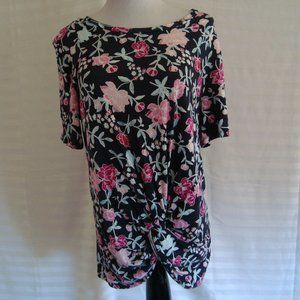 NWT Jones New York Twist Front Top Short Sleeve Black Pink Floral sz M